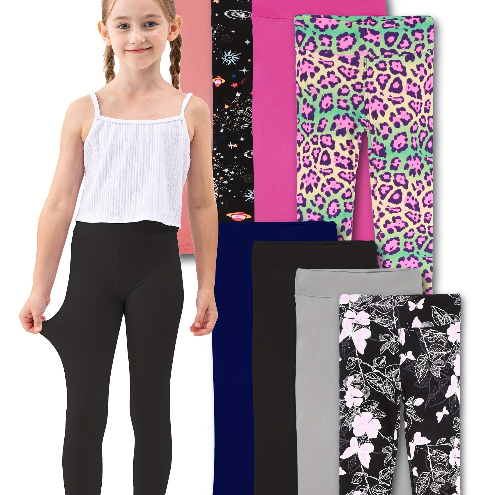 

8pcs Girls Solid Stretchy High Waist Leggings Set Leggings Outdoor Gift