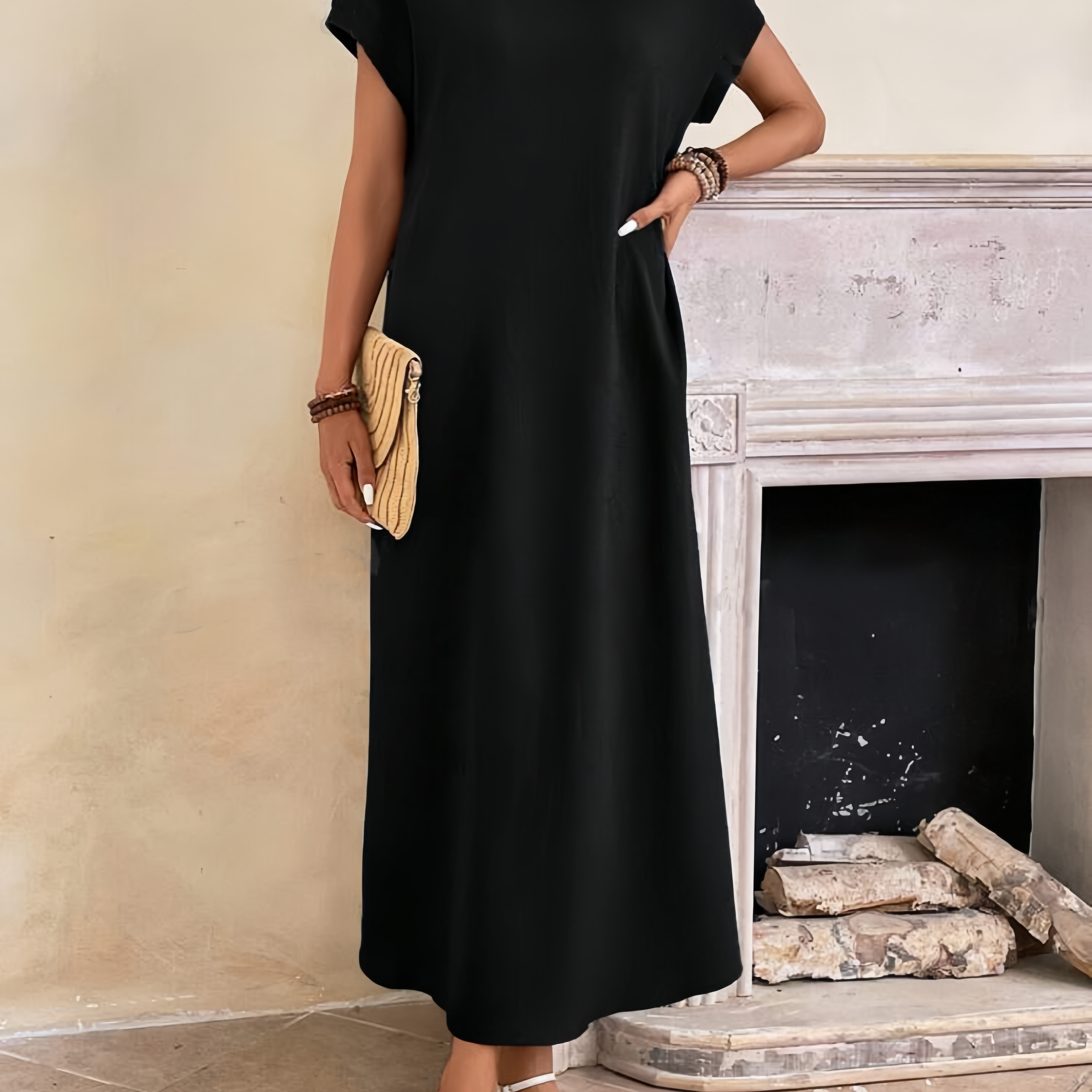 

Crew Neck Solid Loose Dress, Casual Short Sleeve Dress For Spring & Summer, Women's Clothing