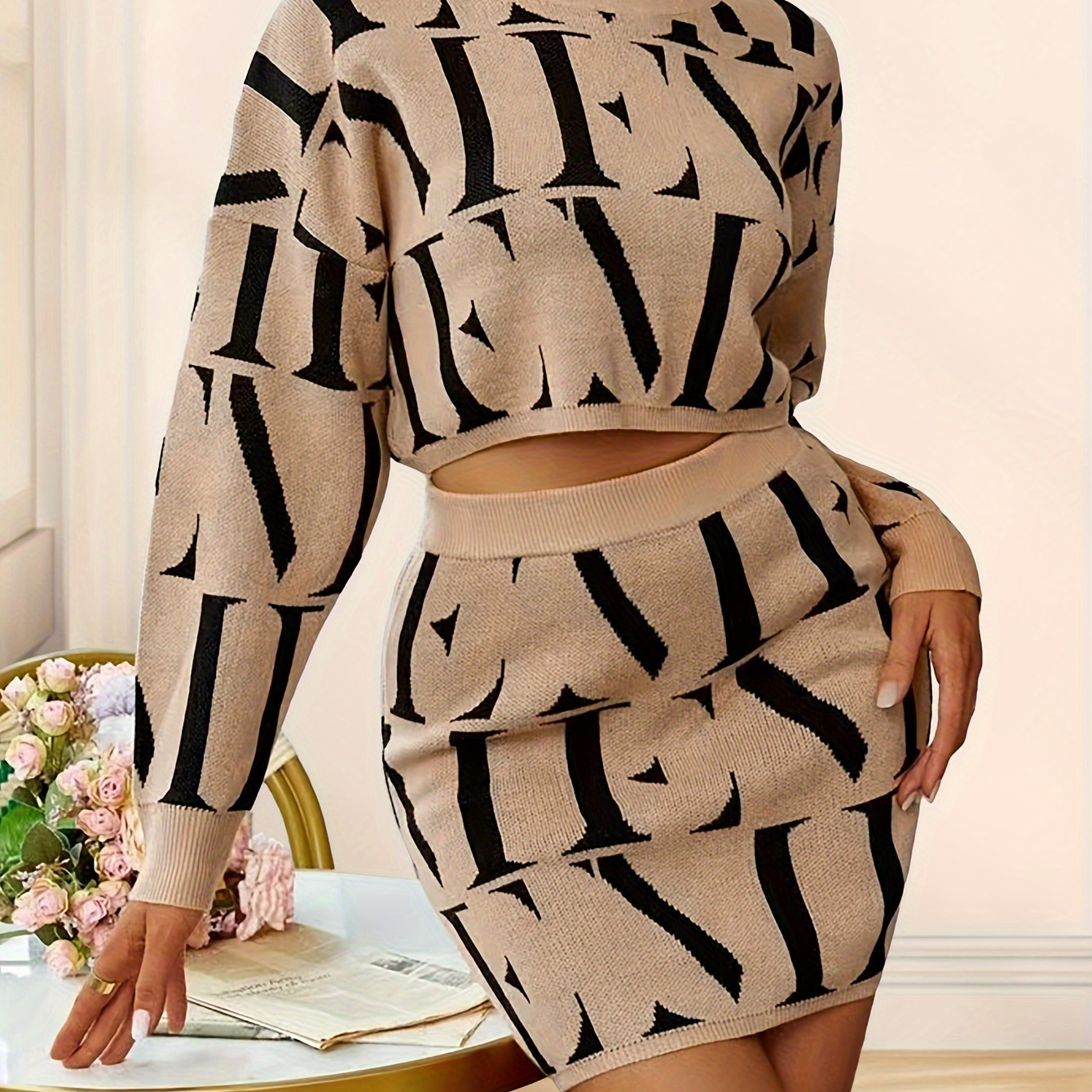 Elegant Matching Two piece Skirt Set Turtle Neck Sweater - Temu Canada