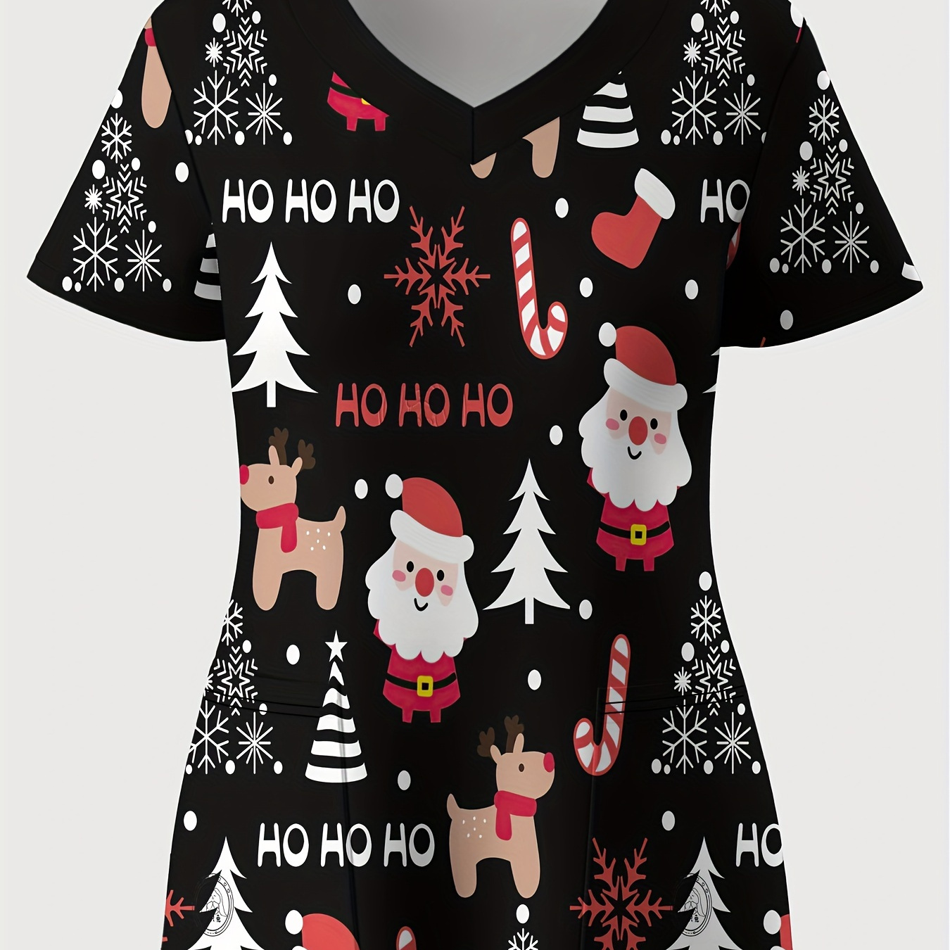 

Festive Christmas V-neck Workwear Top - Black With Santa And Reindeer Print - , Polyester , Short Sleeves, V-neck, No Pockets, H-fit, Suitable For All