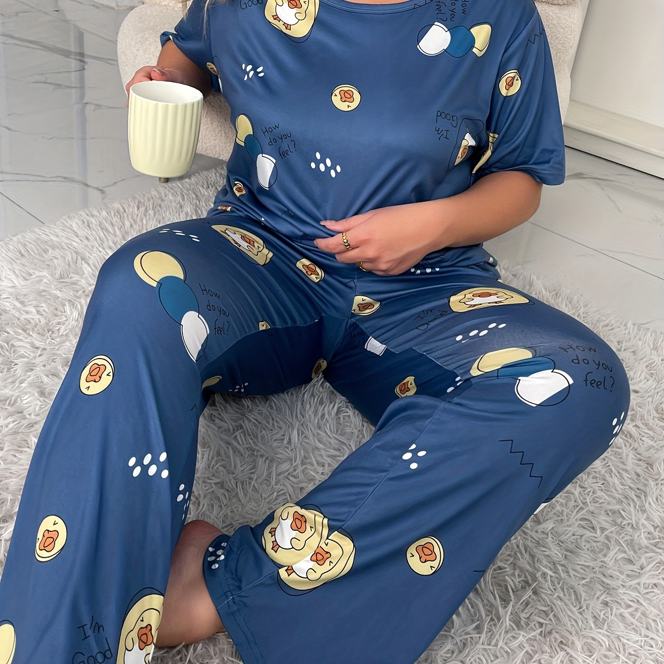 Plus Size Casual Pajama Set, Women's Plus Kawaii Duck Print Short