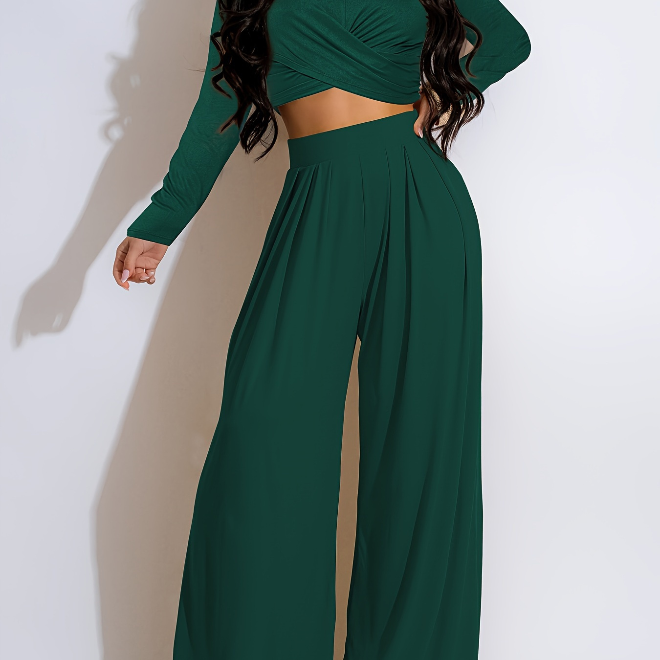 

Casual Solid Two-piece Set, Twist Front Tied Top & Wide Leg Pants Outfits, Women's Clothing