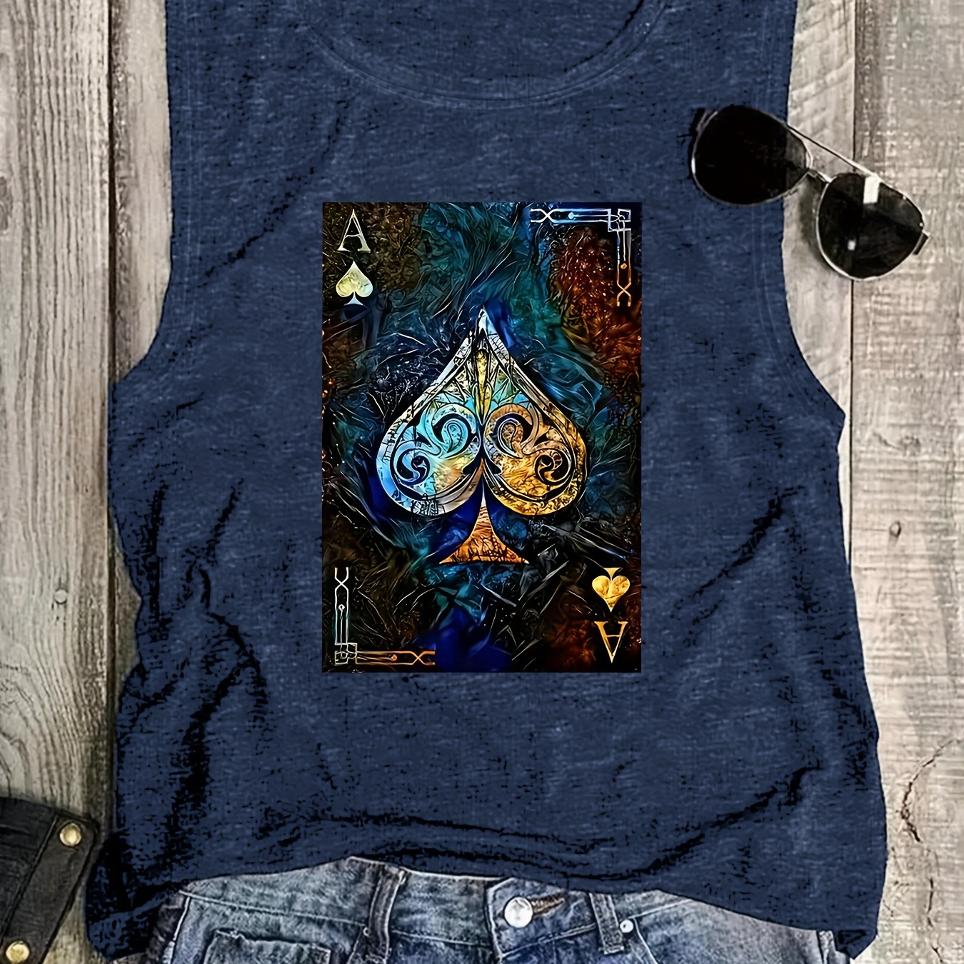

Poker Card Print Tank Top, Sleeveless Casual Top For Summer & Spring, Women's Clothing