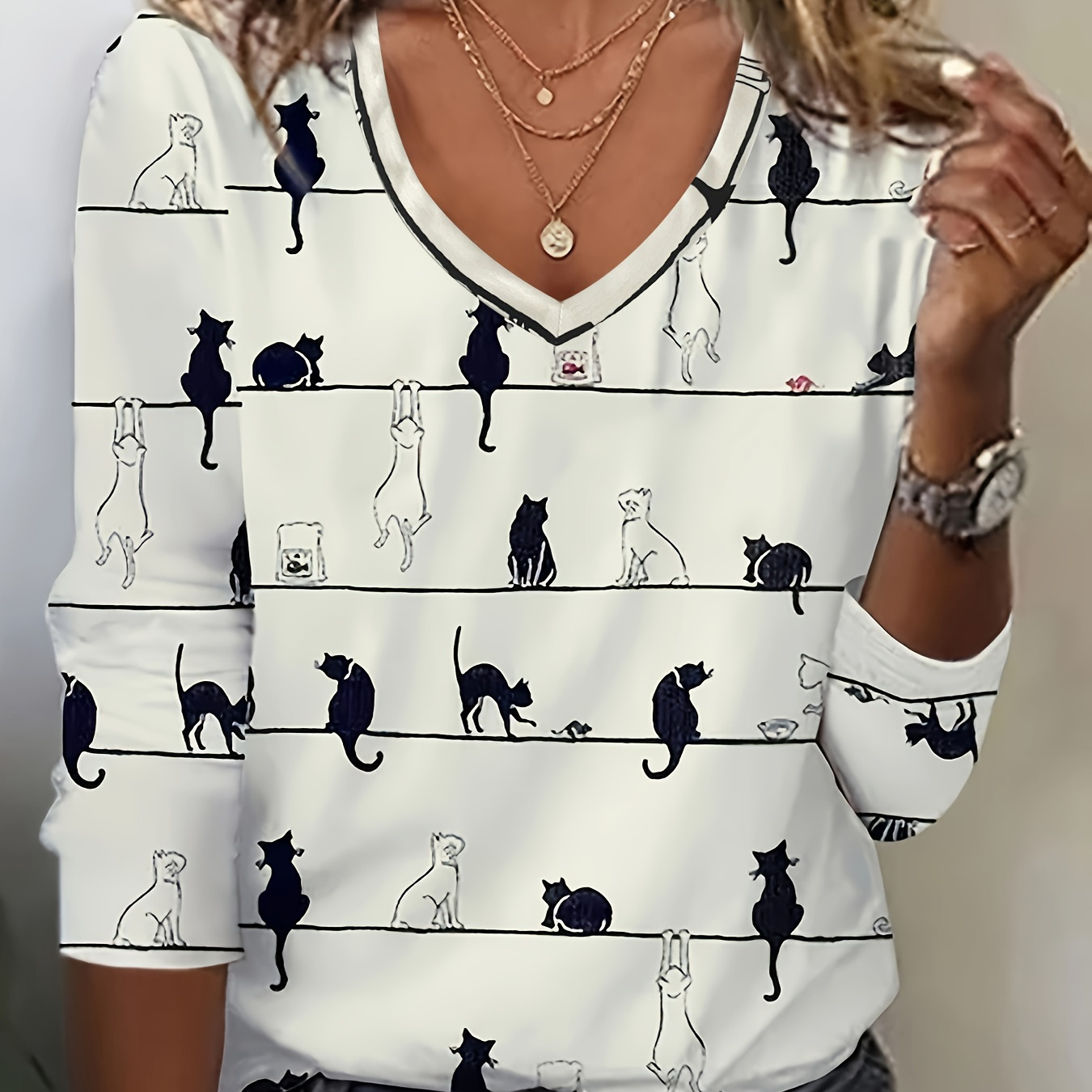 

T-shirt À Col En V Imprimé Chat Mignon, Haut Décontracté À Manches Longues Pour Le Printemps Et L'automne, Vêtements Pour Femmes