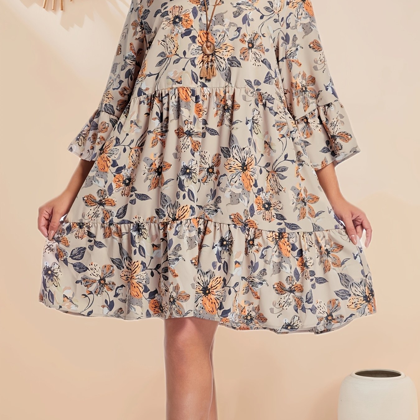 

Elegant Floral Print V-neck Dress With Ruffle Hem - Long Sleeve, Non-stretch Polyester - Spring/summer/fall