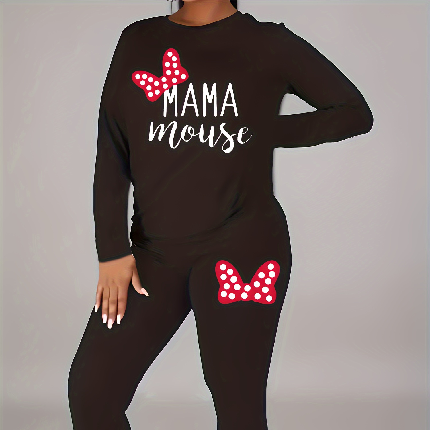 

Plus Size Mama Mouse Print Leggings Set, Crew Neck Long Sleeve T-shirt & Leggings Outfits, Women's Plus Size Clothing