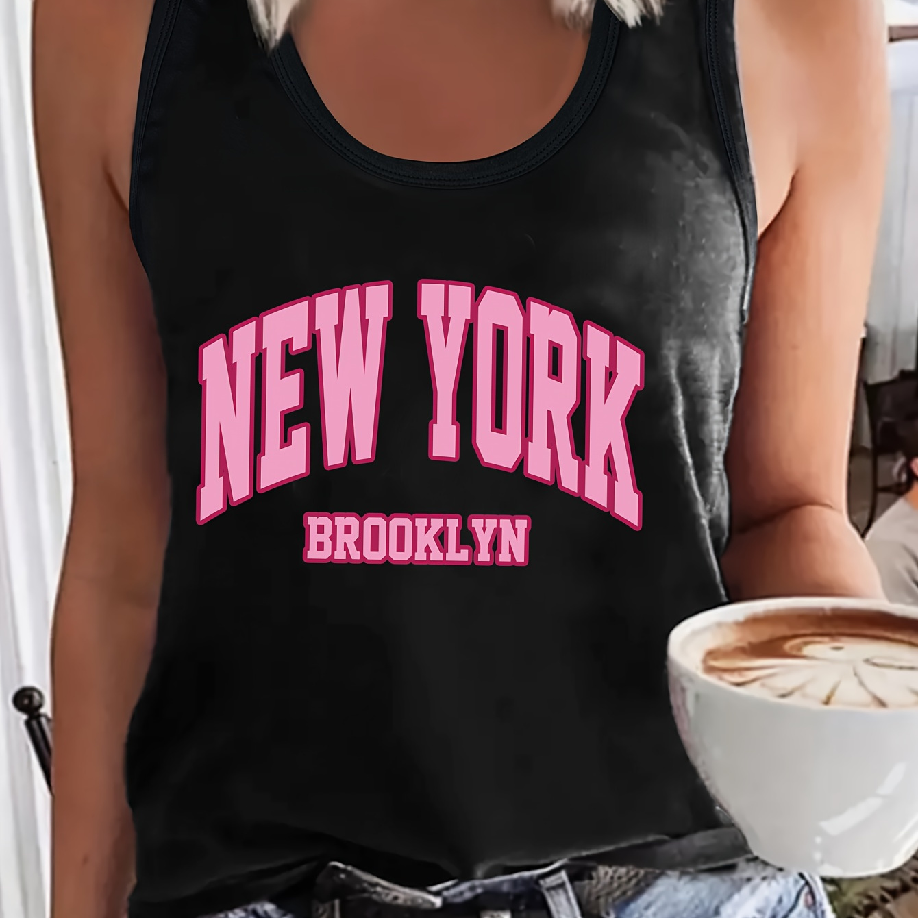 

New York Print Tank Top, Sleeveless Crew Neck Casual Top For Summer & Spring, Women's Clothing