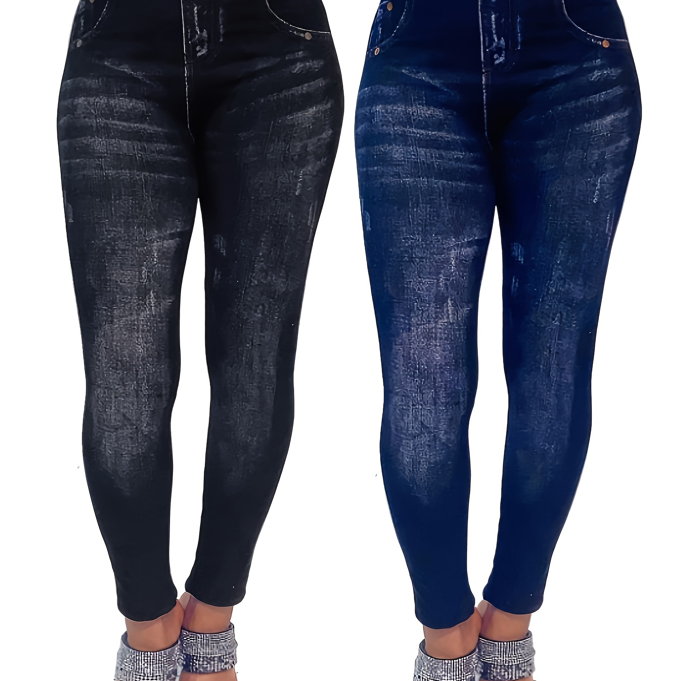 

2pcs Women's High-waist Stretch Denim-look Leggings - Casual, With Pockets & Button , Machine Washable, Polyester, Black & Navy Blue