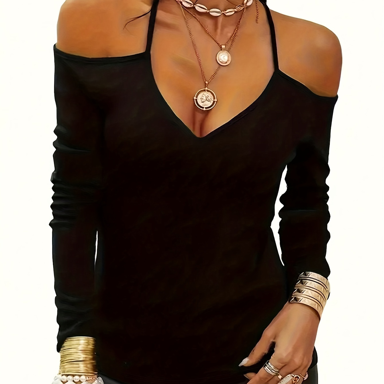 

Elegant Special Temperament Women's Clothes Color Women's Pure -the-shoulder Long-sleeved Casual T-shirt V-neck Top