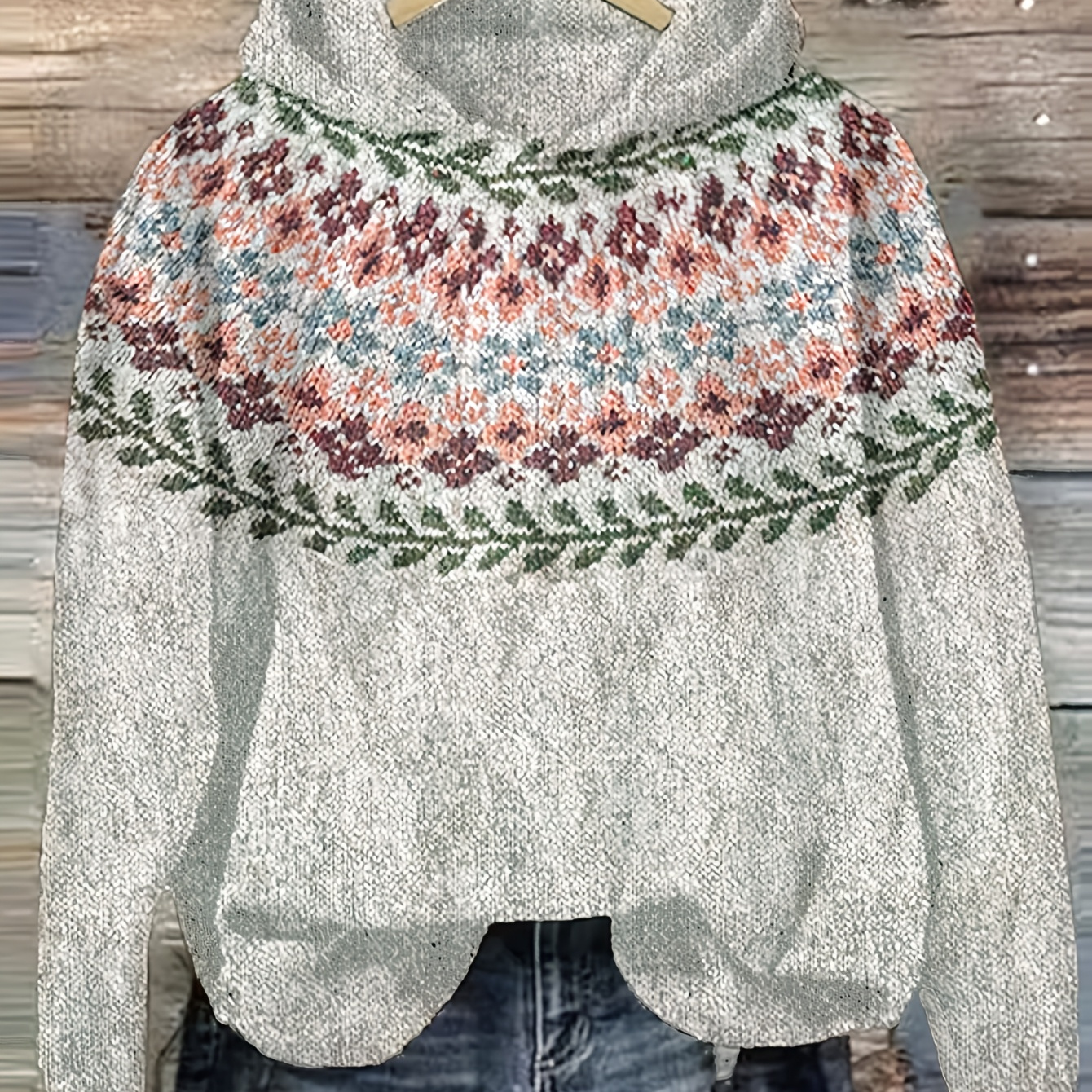 

Pull à Capuche Jacquard - Pull Tricoté Décontracté avec Design Géométrique & de Couleur, Mélange Acrylique, Lavable à