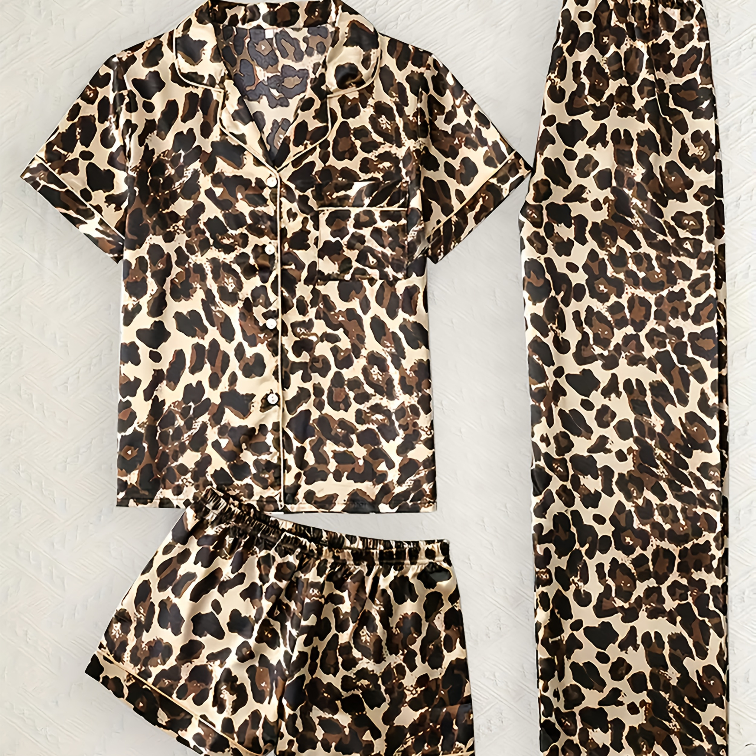 

Women's Leopard Print Satin Pajama Set With Shirt, Shorts, And Pants - Polyester , Elasticized Fit, Lapel Collar, Sleepwear