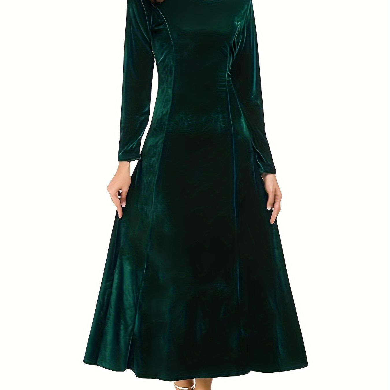 

Plus Size Casual Dress, Women's Plus Solid Velvet Long Sleeve Round Neck Maxi Dress