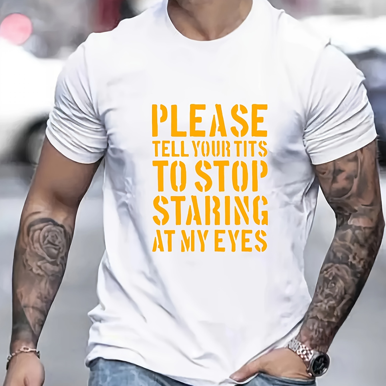 

Funny Stop Staring At My Eyes Print T Shirt, Tees For Men, Casual Short Sleeve T-shirt For Summer