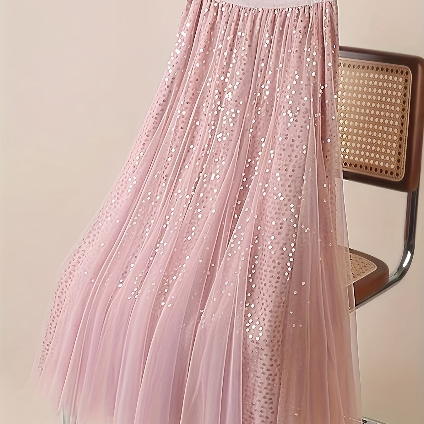 

1pc Elegant Sequin Tulle Midi Dress - High Waist Slim Fit Polyester Knit Fabric, Solid Color, Long Flowy Skirt For Women - Regular Fit, No Belt, Flared Hem, Spring/summer/fall Collection