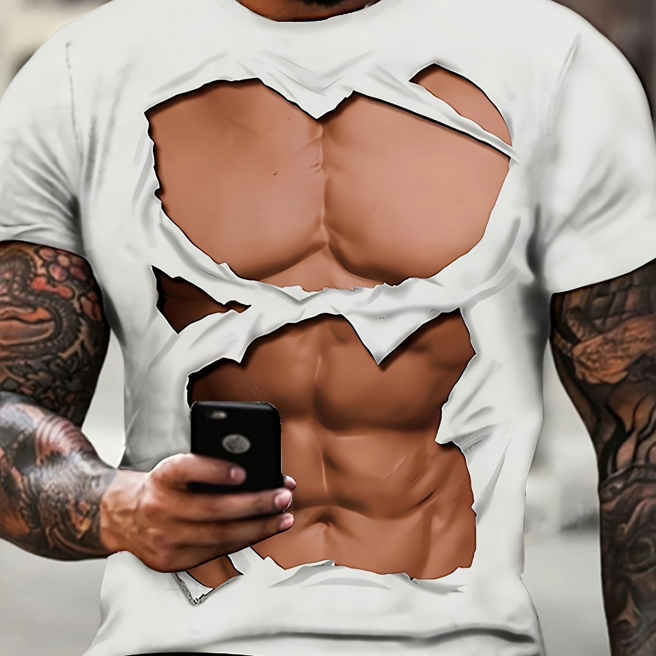 

Plus Size Men's 3d Muscle Print T-shirt - Casual & Fitness Summer Tee, Breathable Polyester , Machine Washable, Plus Size