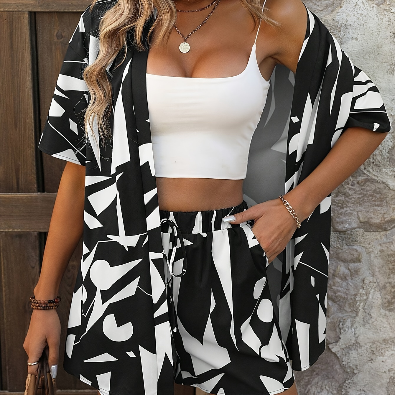 

Vacation Style Geo Print Short Set, Open Front Short Sleeve Cover Up & Tied Waist Loose Shorts For Spring & Summer, Women's Clothing