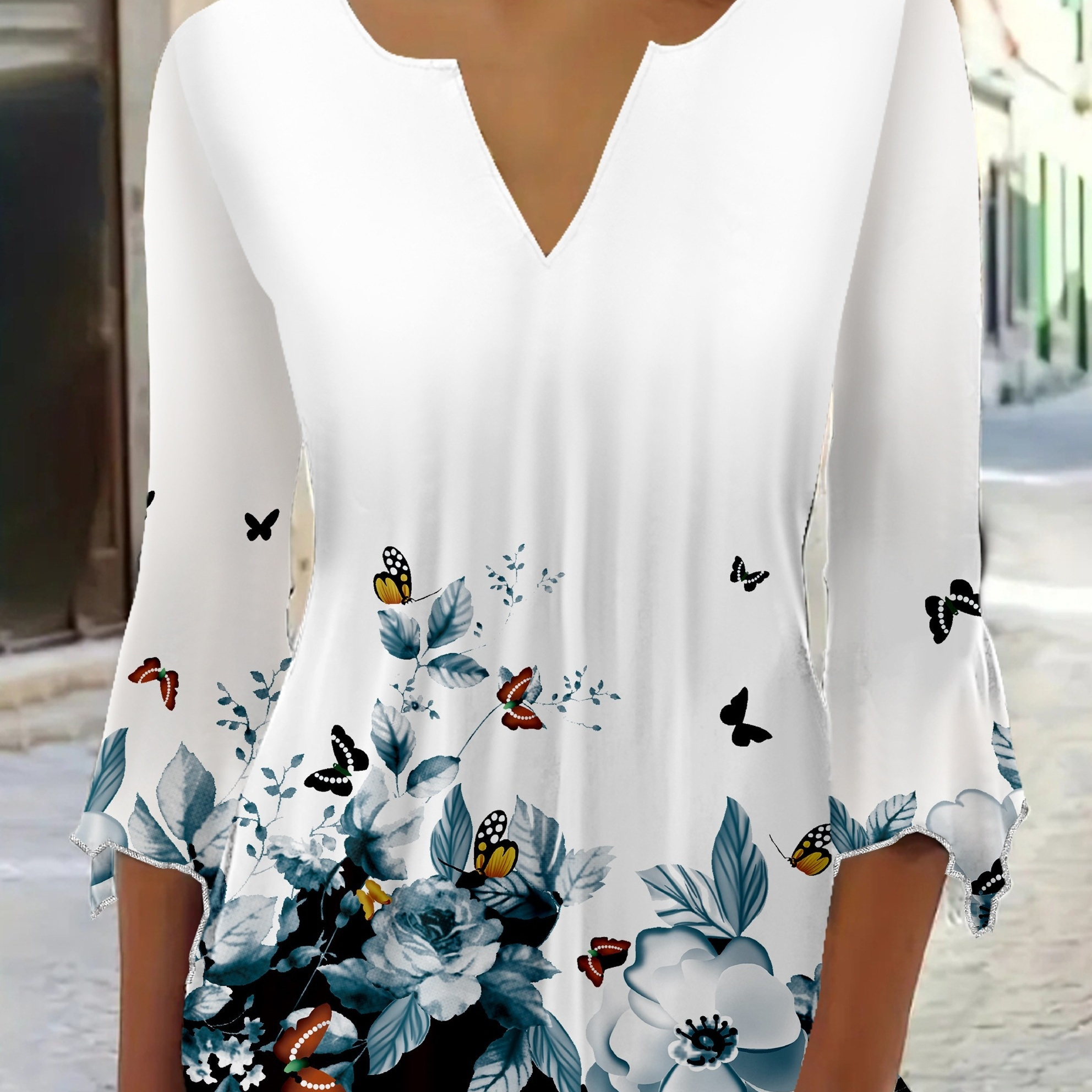 

Floral & Butterfly Print Notched V Neck T-shirt, Elegant 3/4 Ruffle Sleeve Top For Spring & Fall, Women's Clothing