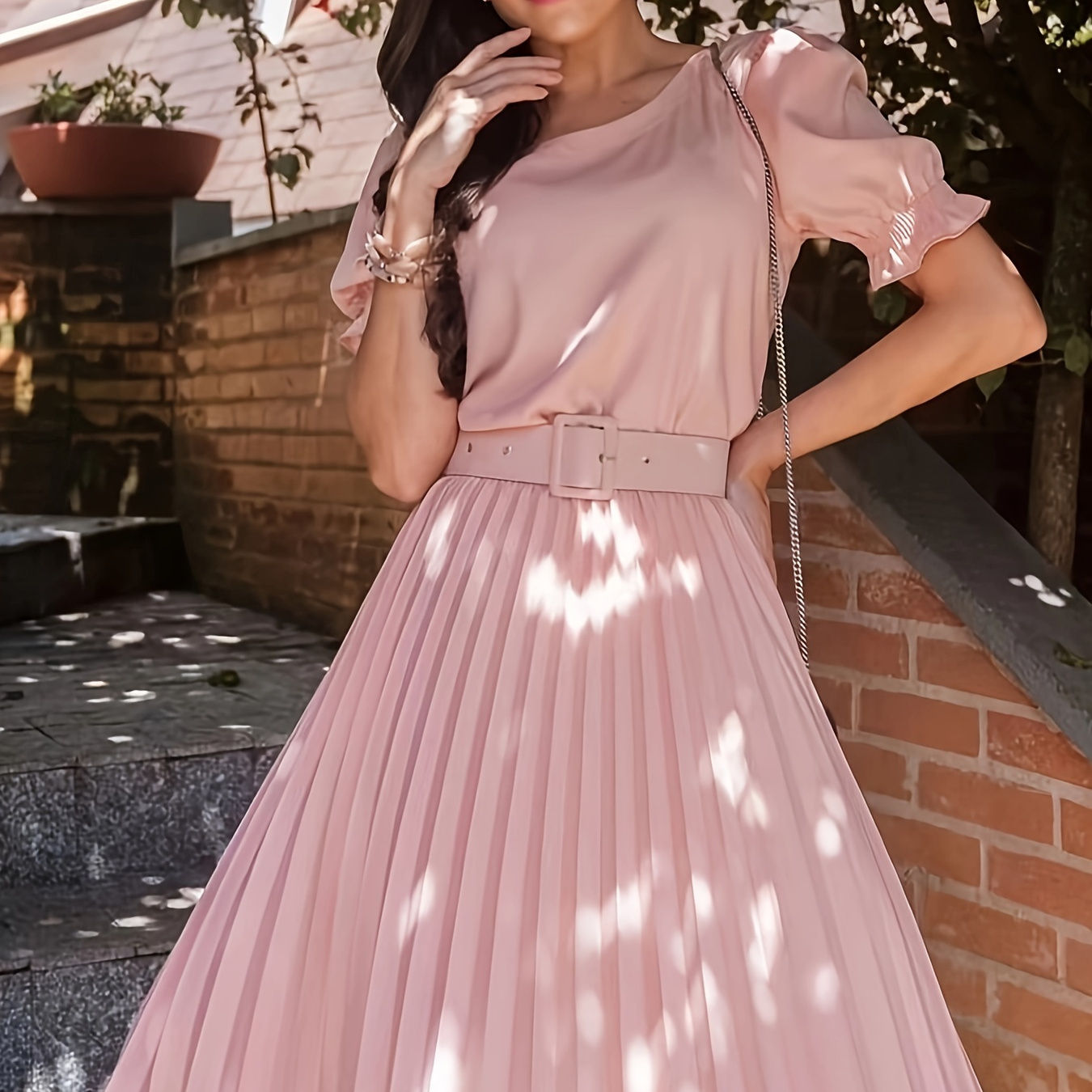 

Solid Color Crew Neck Dress, Elegant Puff Sleeve Pleated A-line Dress For Spring & Fall, Women's Clothing For Elegant Dressing