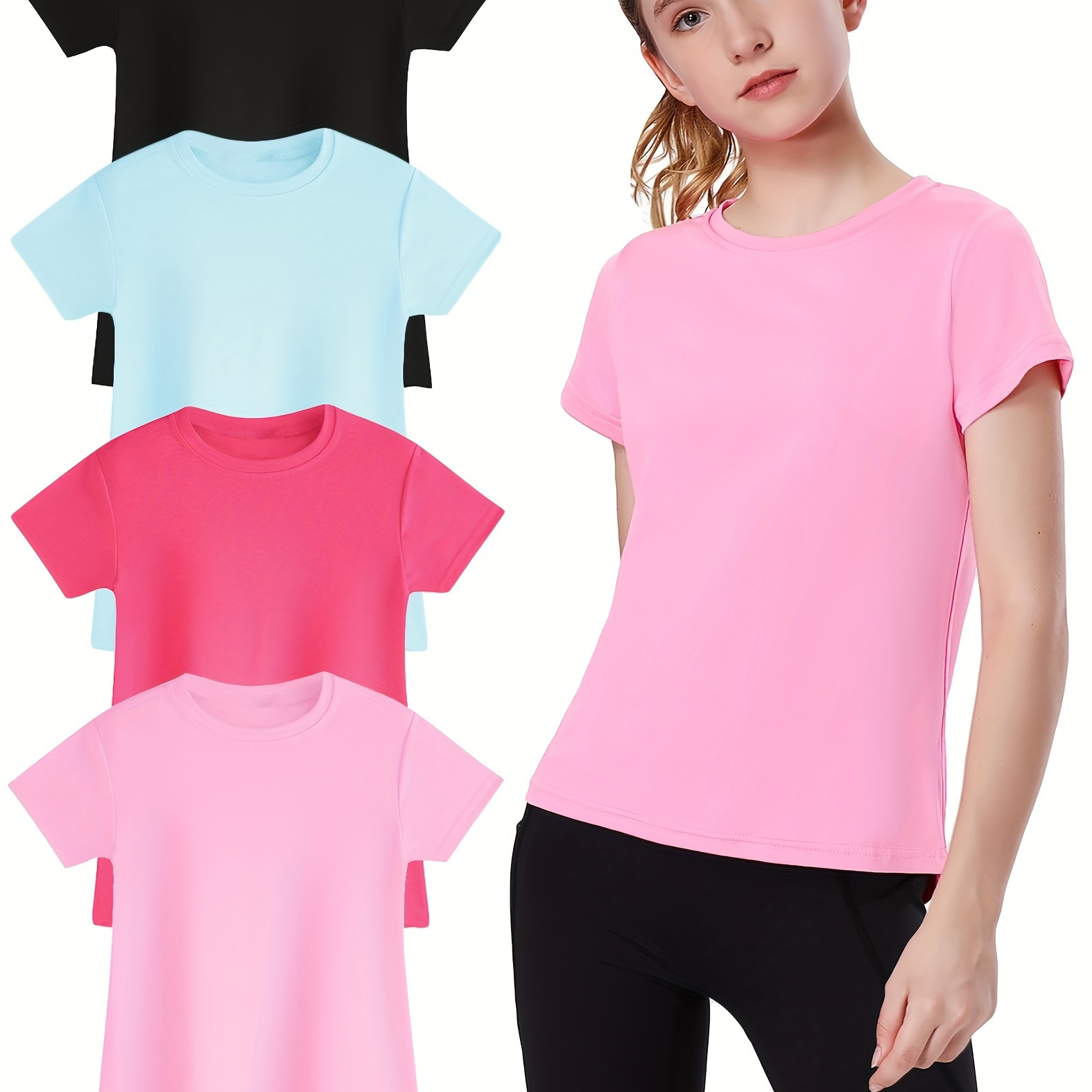 

4pcs Toddle Girls Solid Quick-drying Short Sleeve T-shirt Set For Summer Outdoor Sports Running Jogging