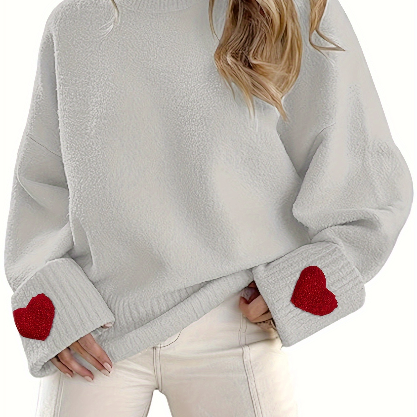 

Heart Pattern Crew Neck Sweater, Casual Long Sleeve Sweater For Fall & Winter, Women's Clothing, Valentine's Day