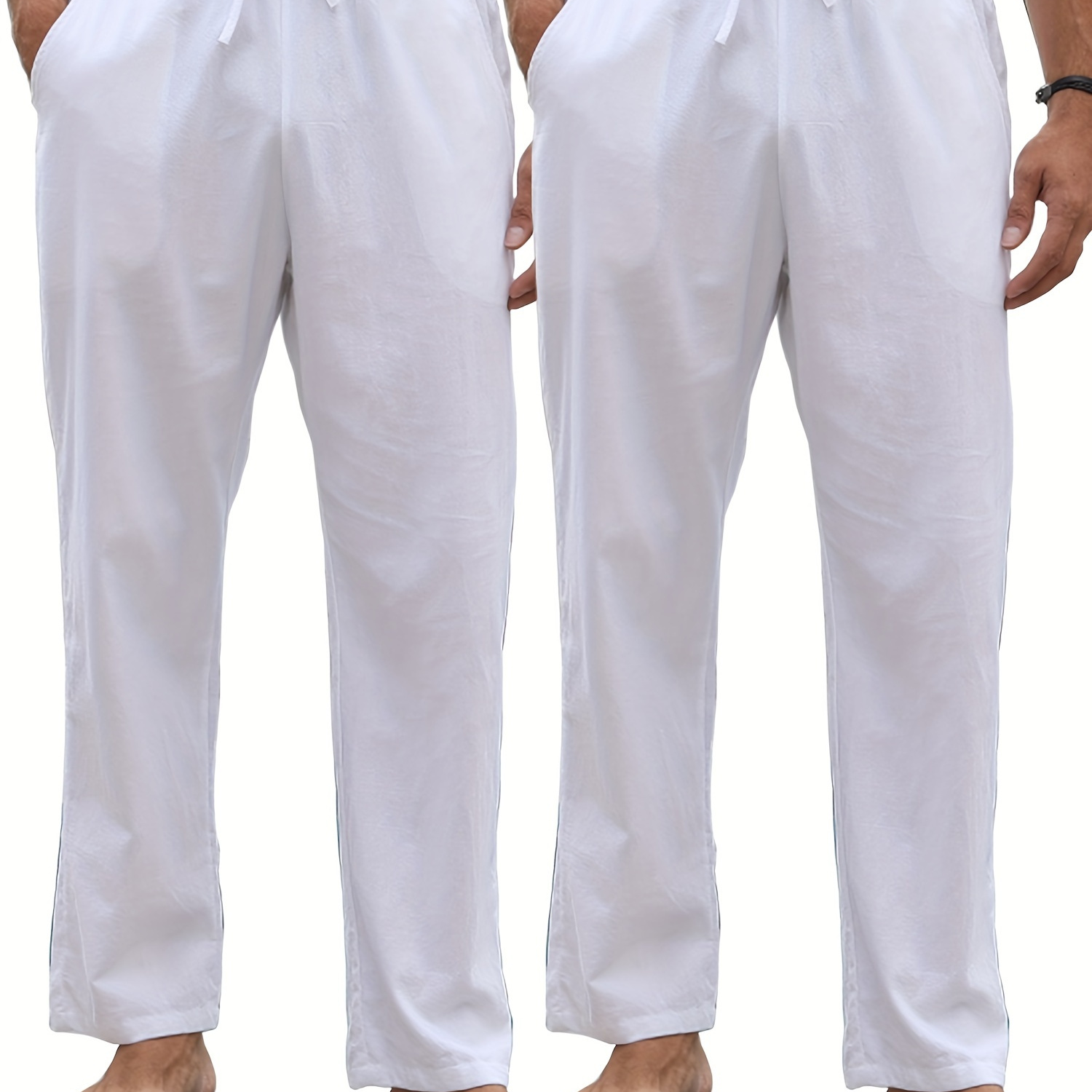 

Men's 2pcs Set Of Solid Cotton Pants With Drawstring And Pockets, Casual And Breathable Comfy Pants For Home And Beach Holiday Wear