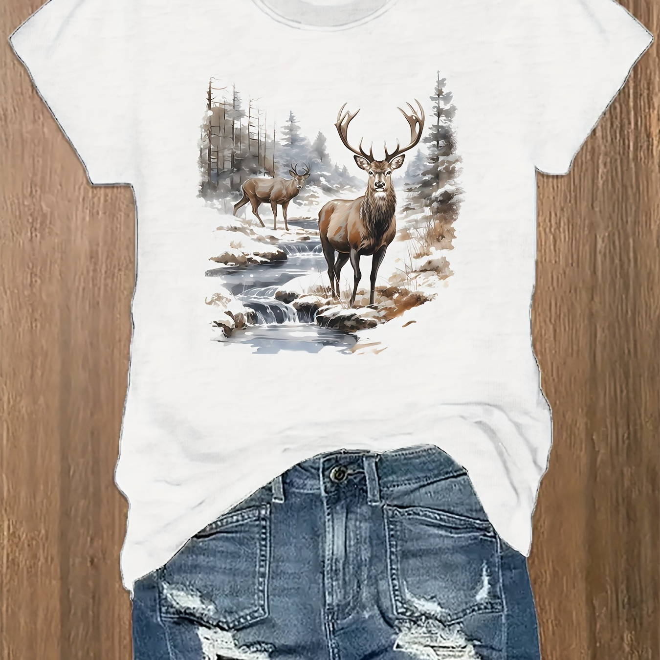 

Vintage Deer Scene Print T-shirt - Casual Crew Neck, Short Sleeve Top For Women | Soft Polyester , Machine Washable