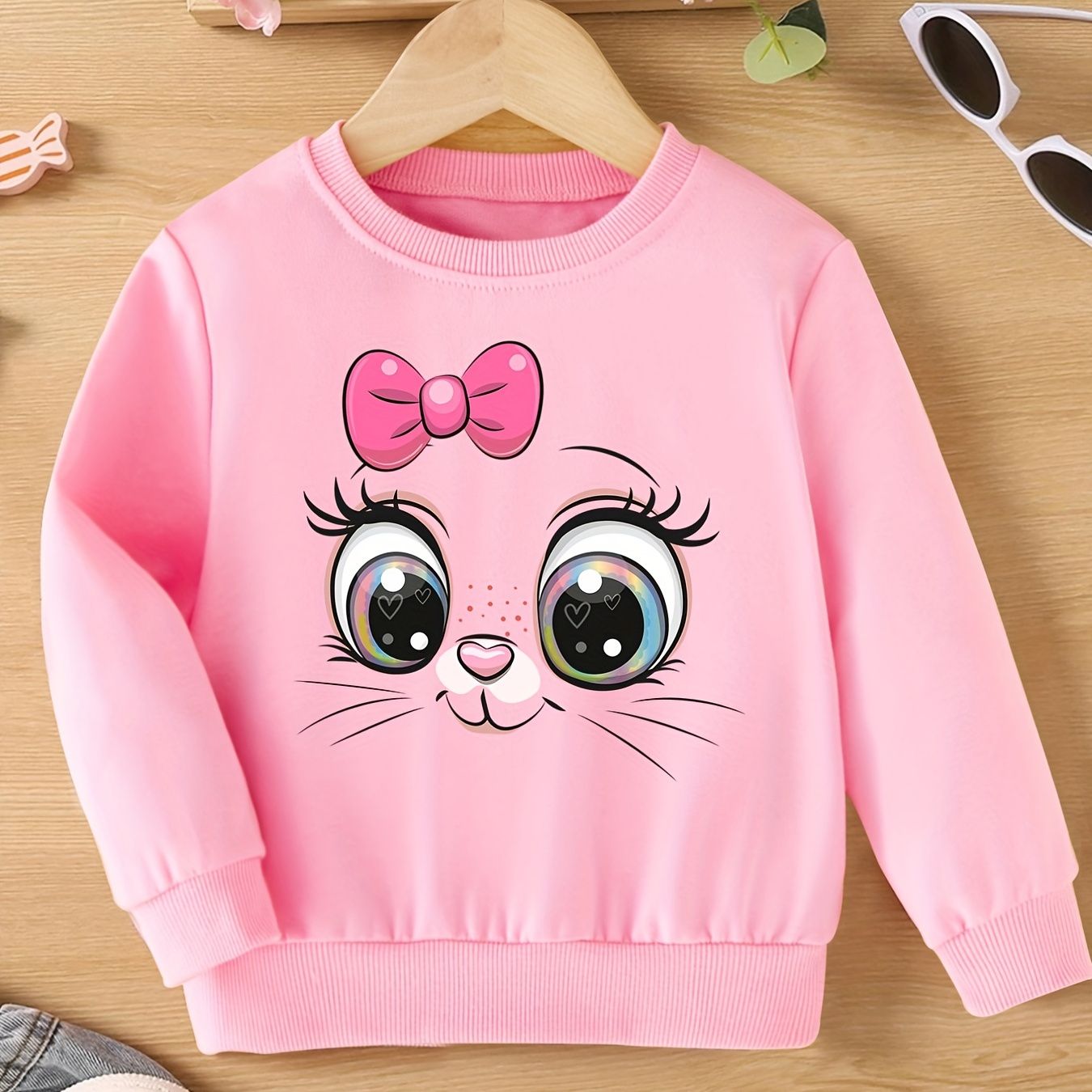 Girls Cute Cat Casual Creative Pullover Sweatshirt, Long Sleeve Crew Neck Tops, Kids Clothing