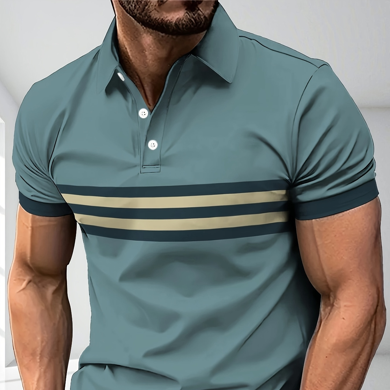 

Men's Breathable Casual Shirt - Fit, Short Sleeve, Striped Design With Button Detail, Machine Washable - Summer