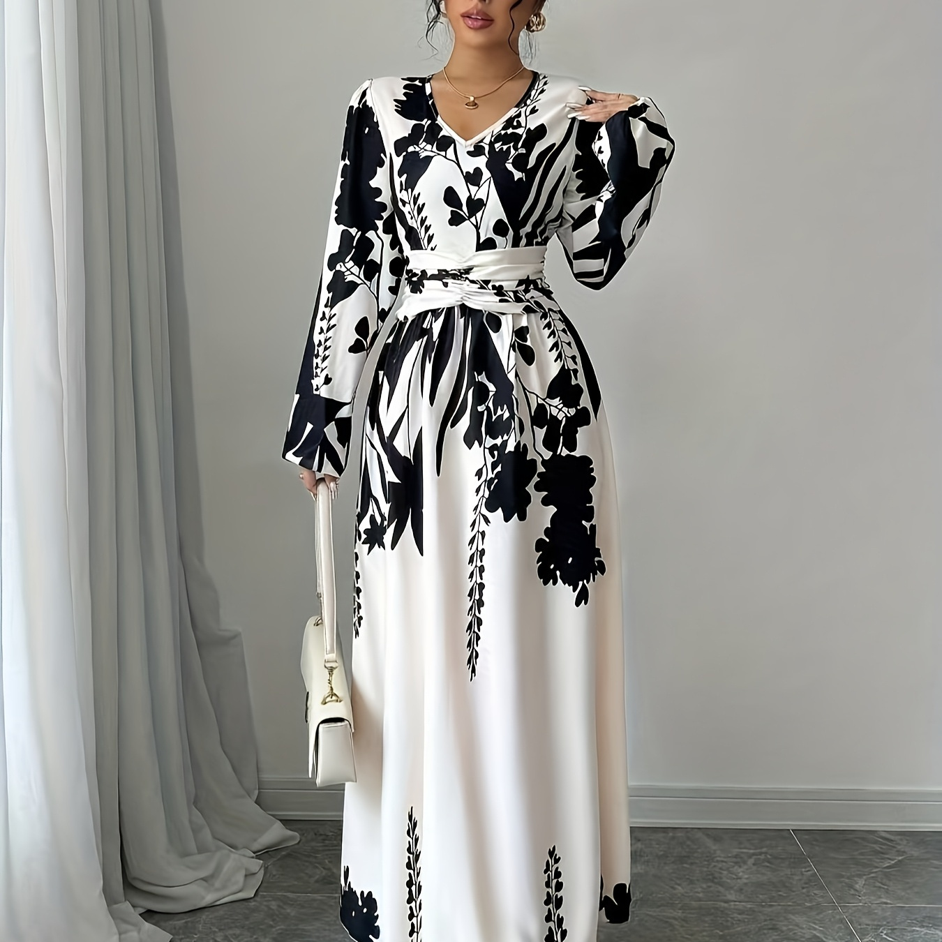

Women's Elegant Floral Print Maxi Dress With Tie Waist - V-neck, Long Sleeves, Polyester , Ideal For Spring/fall Events, Floral Dress