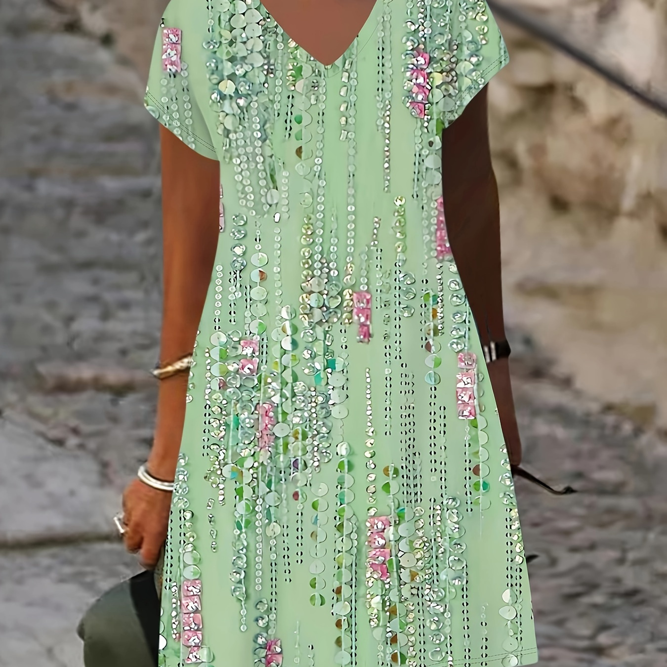 

Allover Print Slim Dress, Casual Short Sleeve V-neck Dress For Summer & Spring, Women's Clothing
