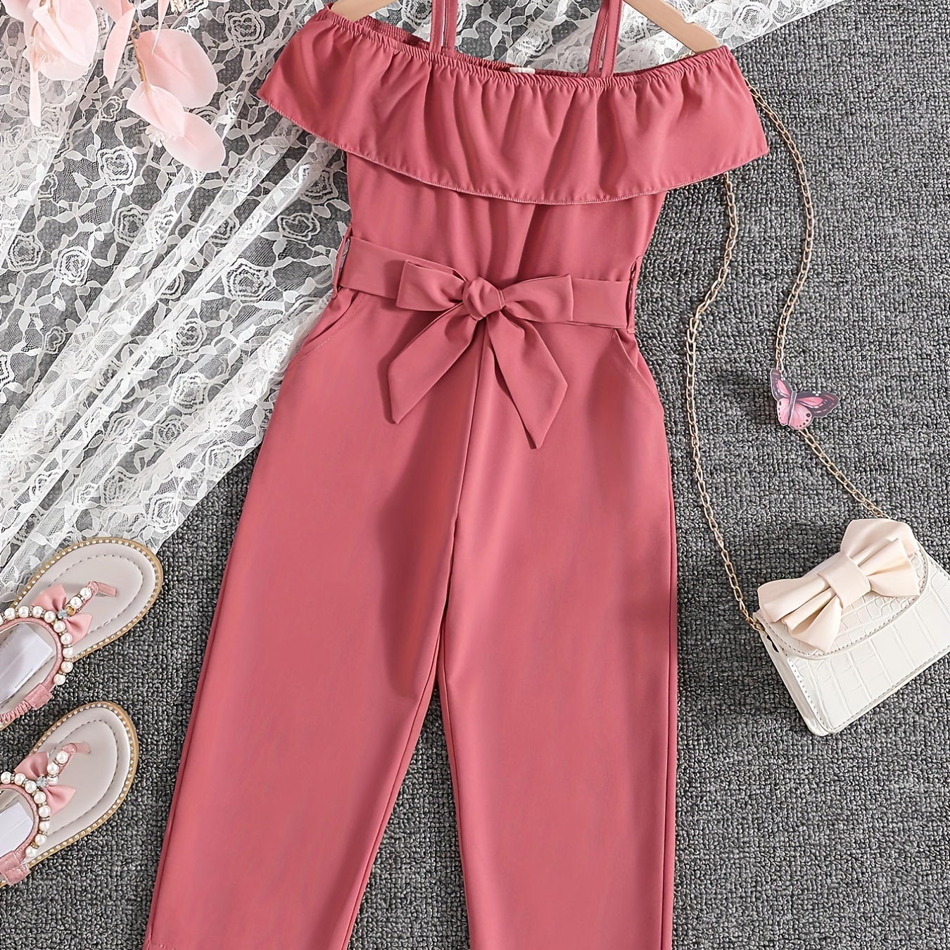 

Elegant Cold Shoulder Ruffle Trim Romper Girls Comfy Overalls Jumpsuit With Bow Belt For Spring Summer Fall Party Gift