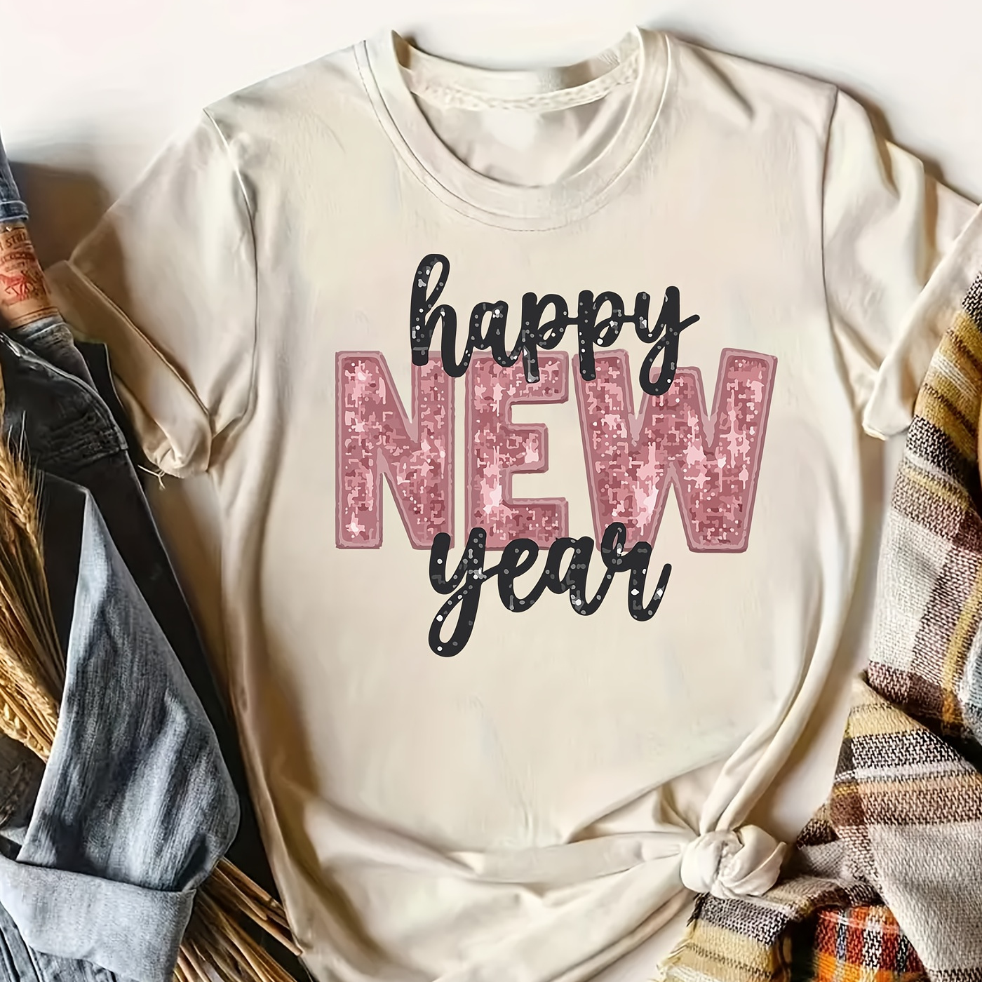 

1pc Women's Casual Crew Neck T-shirt With Happy New Year Glitter Print, Rayon/viscose Knit Fabric, Regular Length, All