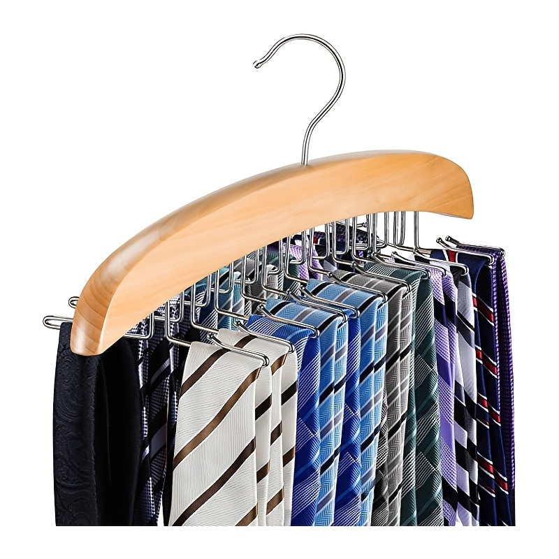 

1pc Wooden Tie Rack With 24 Hooks - Organize Your Men's Ties, Belts, And Scarves In Style