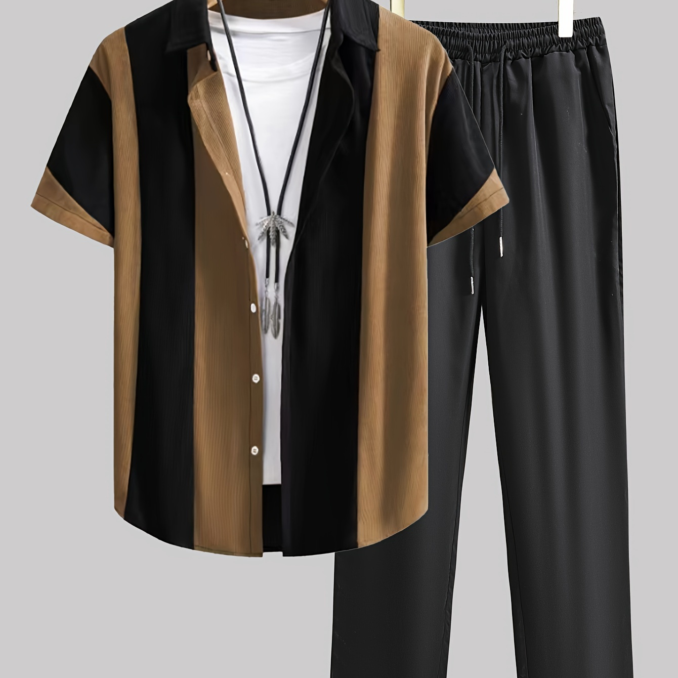 

Men's Outfit, Casual Striped Lapel Short Sleeve Button Up Shirt & Drawstring Pants 2-piece Set For Outdoor Activities
