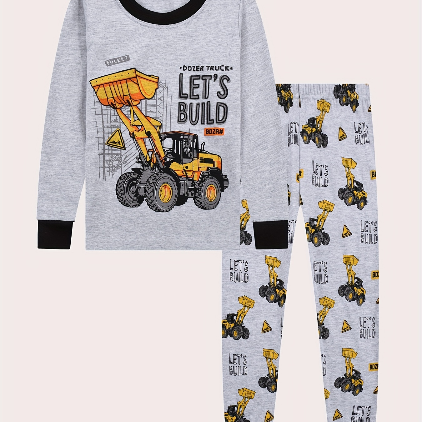 

Excavator Pattern Kid's Pajamas 2pcs, Long Sleeve Top & Pants Set, Let's Build Print Comfy Pj Set, Boy's Loungewear