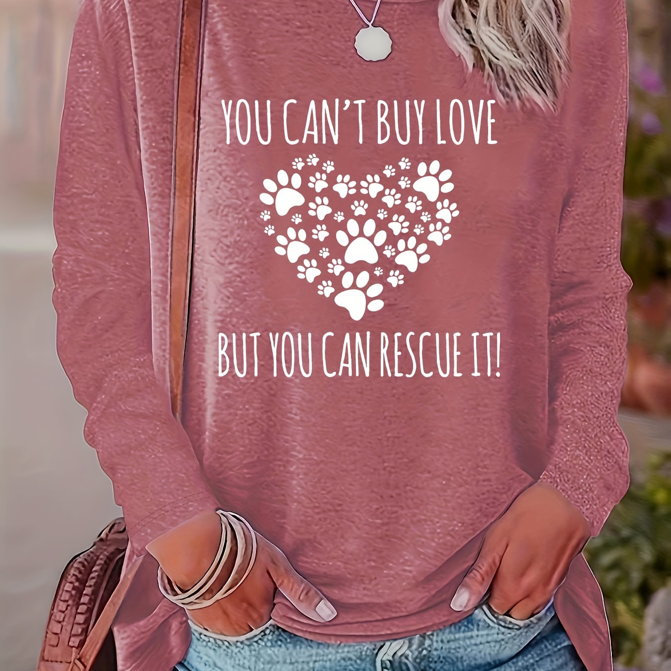 

Women's Casual Crew Neck Long Sleeve T-shirt With "you Buy Love But You Can " Paw Print , Polyester 60%, Rayon 35%, Spandex 5%, Geometric Pattern Knit Fabric Top For Spring/fall