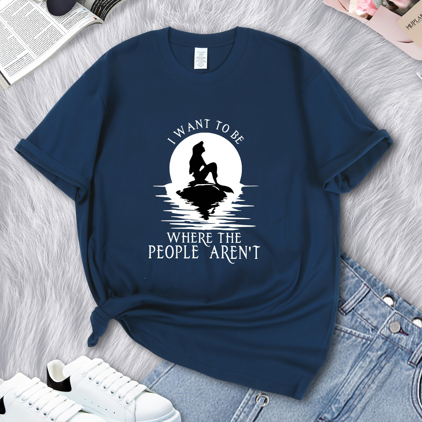 

Cartoon Mermaid Graphic Short Sleeves Causal Sports T-shirt, Round Neck Workout Running Tops, Women's Activewear
