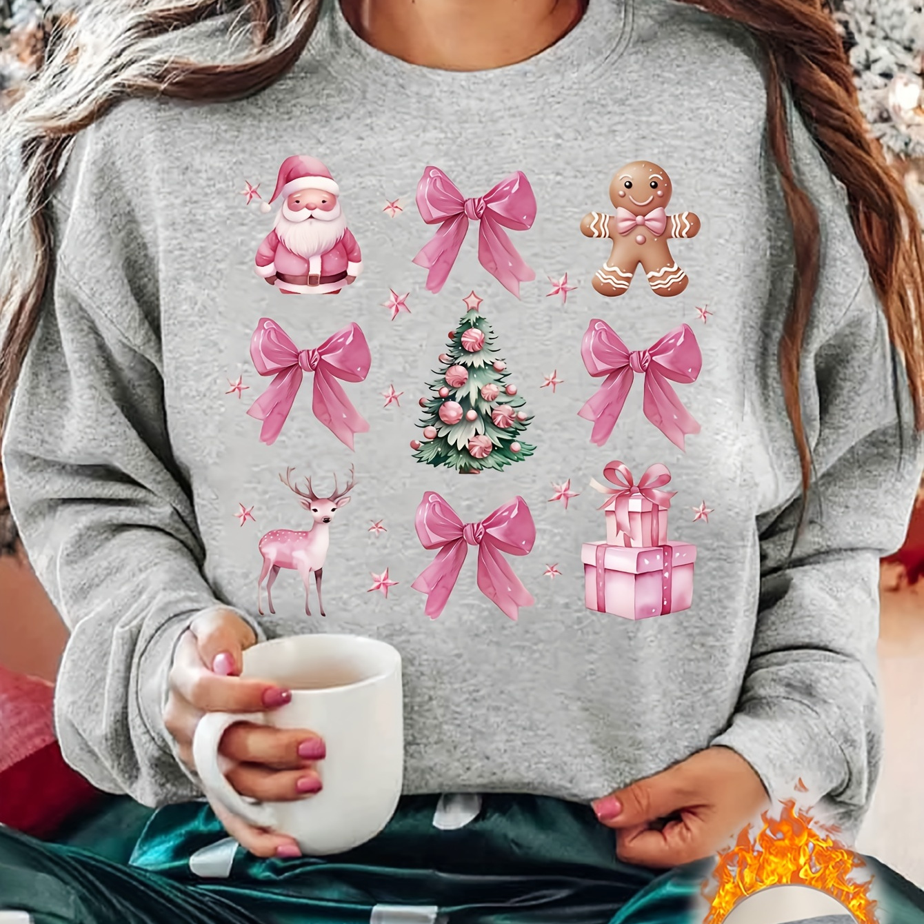 

Casual Christmas Crew Neck Sweatshirt For Women - 100% Polyester Knit Fabric With Applique, Festive Holiday Pattern, Suitable For Fall/winter