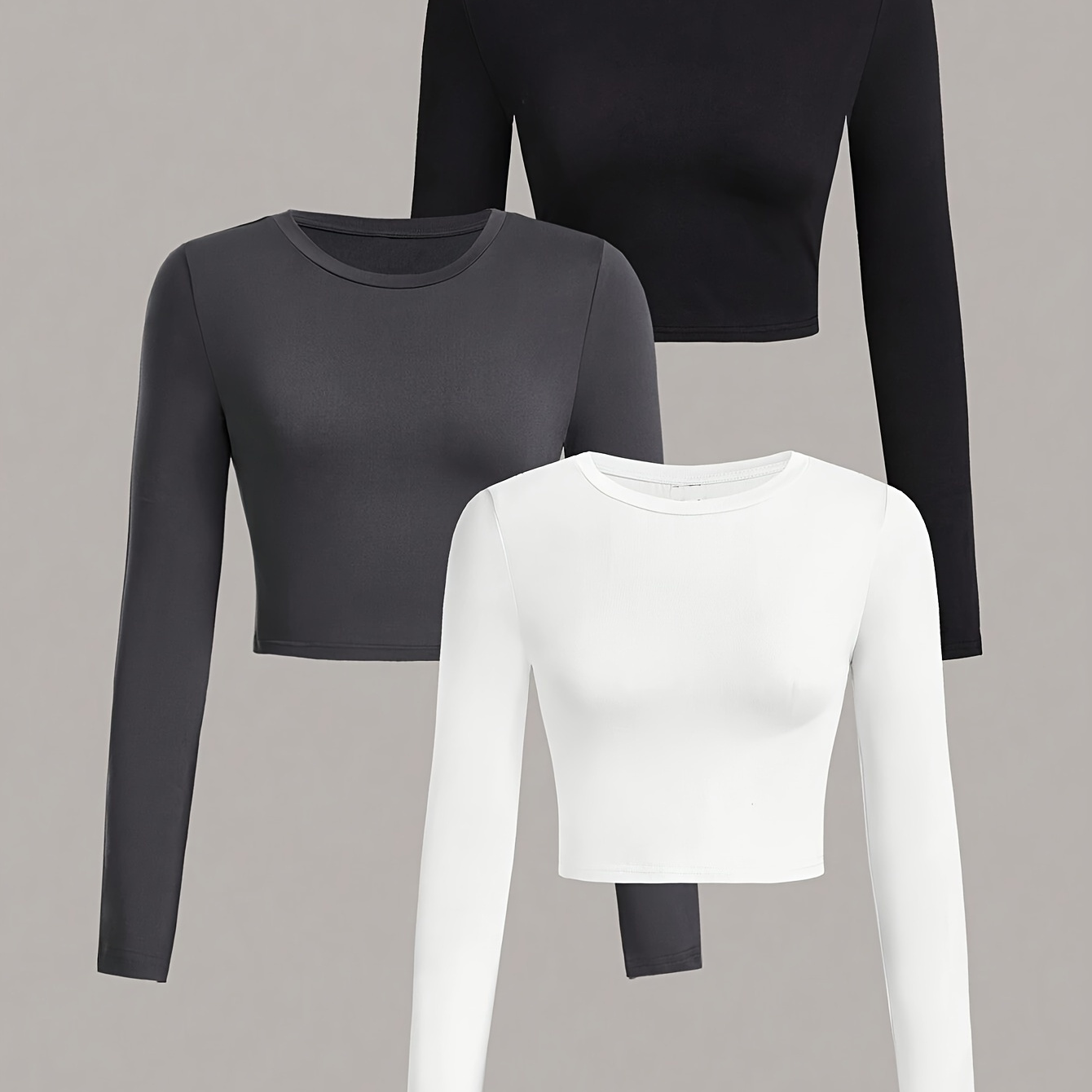 

Chic 3pcs Top Set For Women - Stretchy Polyester & Elastane , Solid Color, Round Neck, Machine Washable - Fall/winter