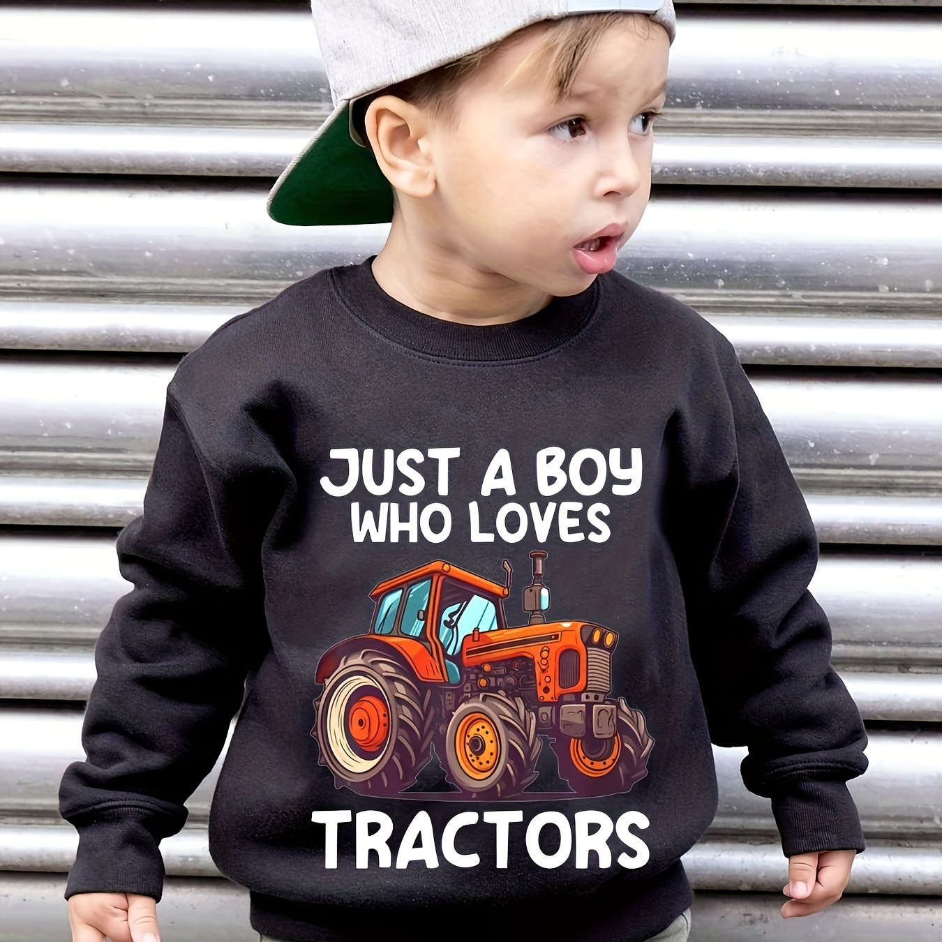 

Just A Boy Who Loves Tractors Letter Graphic Print Boys Warm Fleece Sweatshirt Thick And Cozy Top For Spring Fall Winter Season