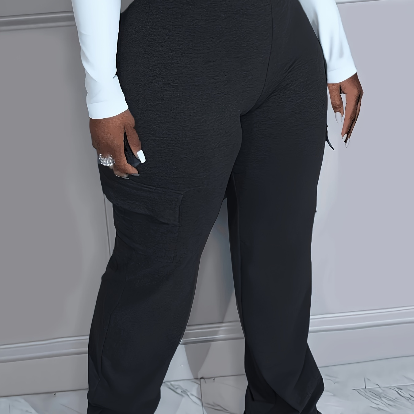 

Pantalons de couleur unie grande taille, pantalons décontractés à poches à taille haute, vêtements grande taille pour femmes