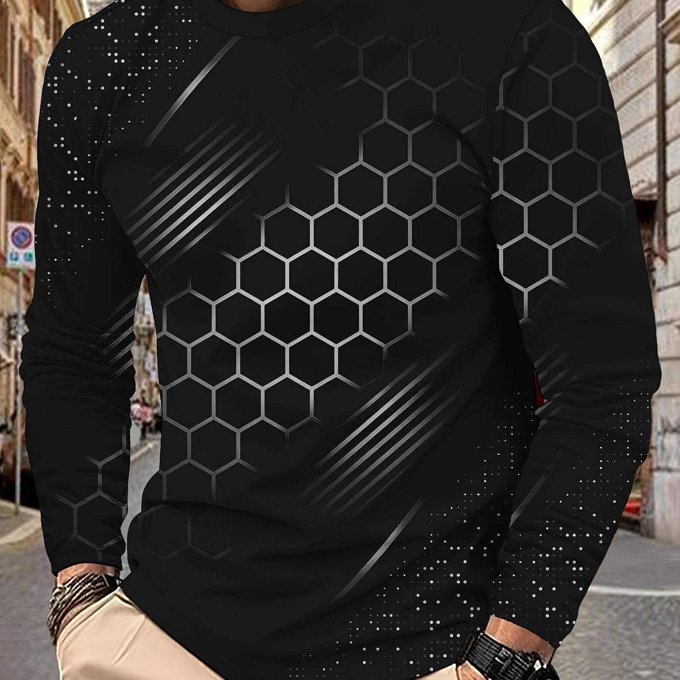 

Men's Hexagonal Print Long Sleeve T-shirt - Comfortable & , Casual Wear Or Gifting