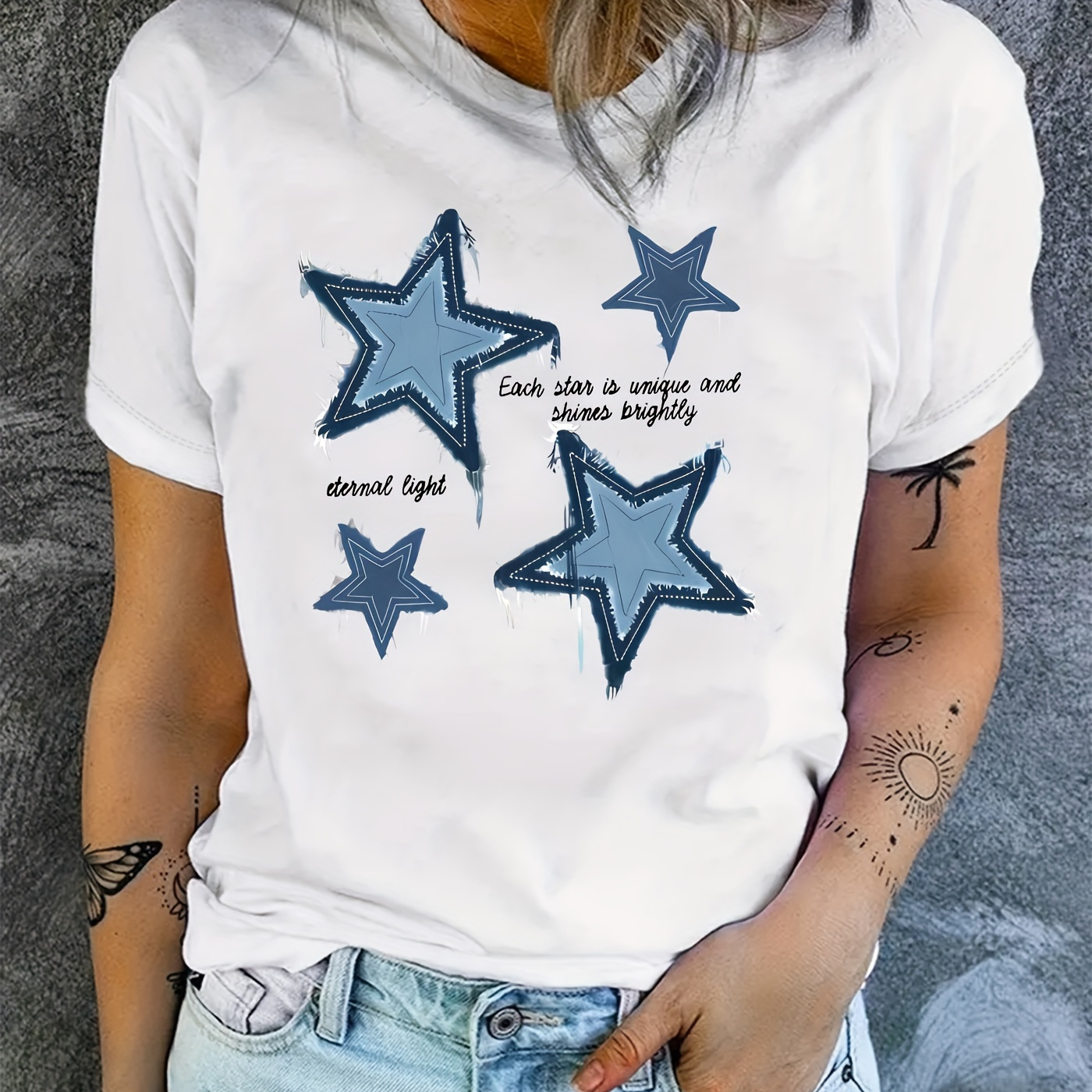 

Stars Print T-shirt, Short Sleeve Crew Neck Casual Top For Summer & Spring, Women's Clothing