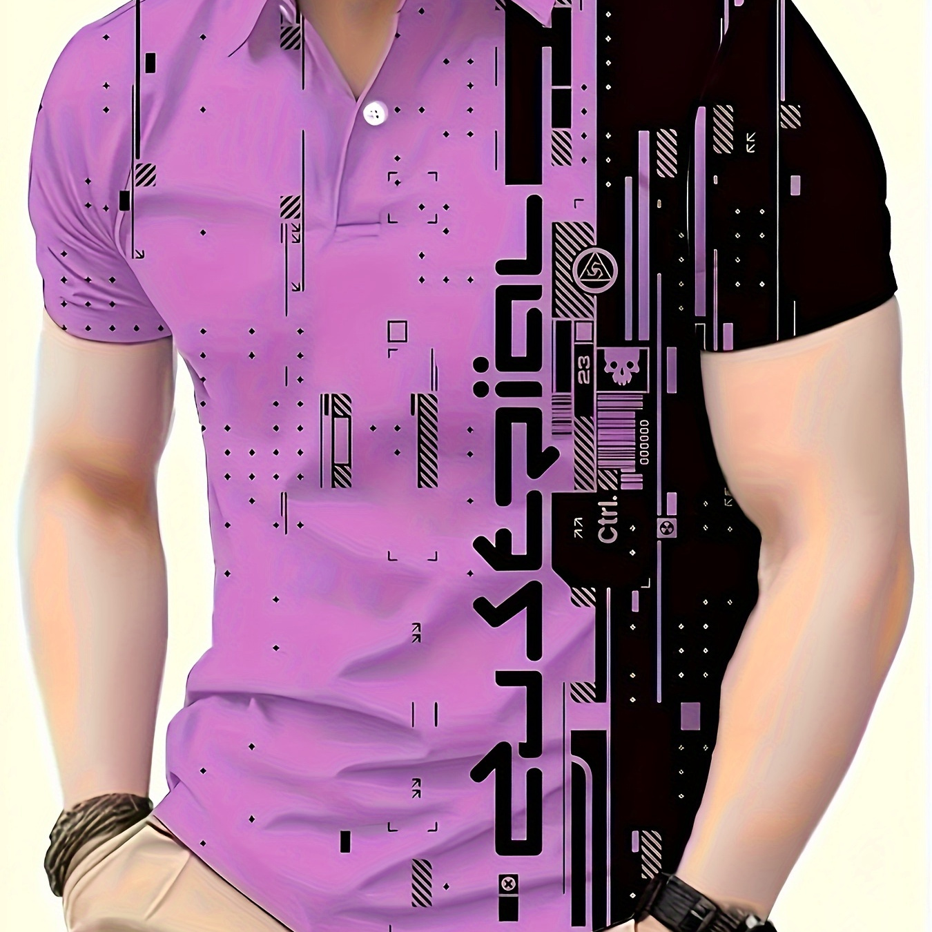 

Men's Casual Geometric Print Short Sleeve Shirt - Pink And Black, Polyester, Machine Washable, Ideal For Golf And Casual Attire