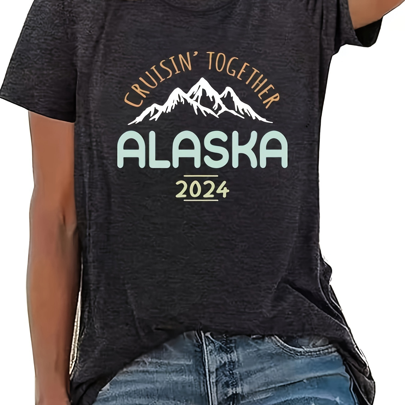 

Alaska Print Crew Neck T-shirt, Casual Short Sleeve Top For Spring & Summer, Women's Clothing