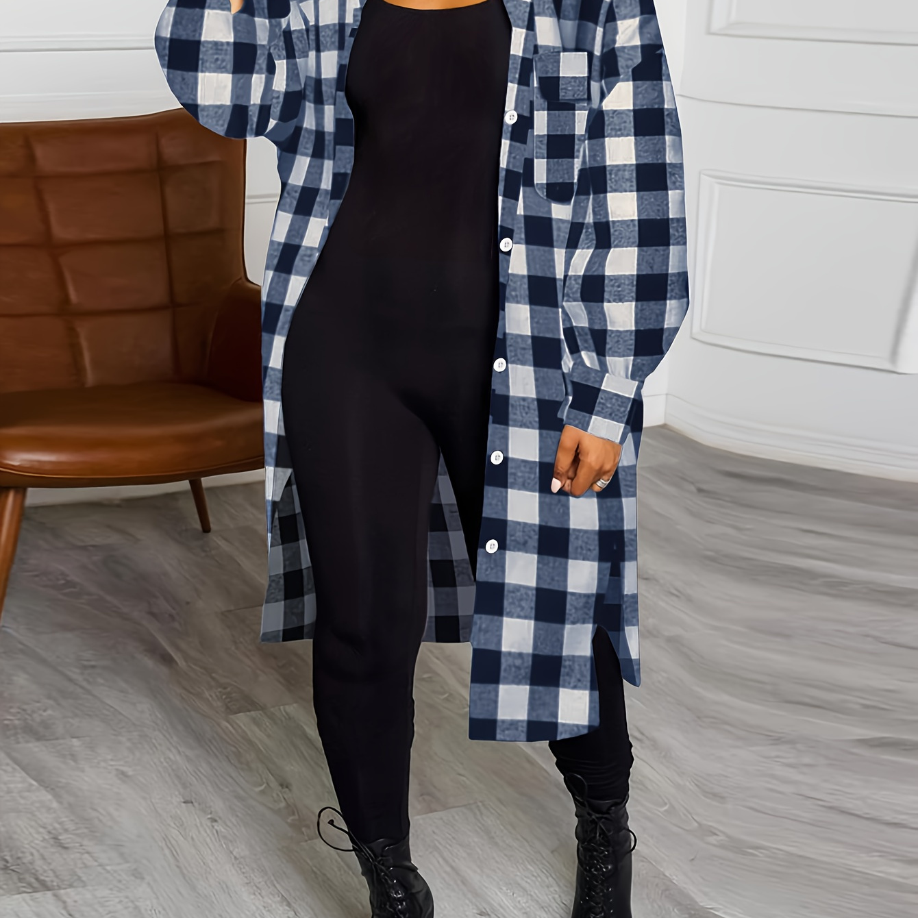 Plus Size Casual Coat, Women's Plus Plaid Print Long Sleeve Button Up Lapel Collar Coat With Flap Pockets