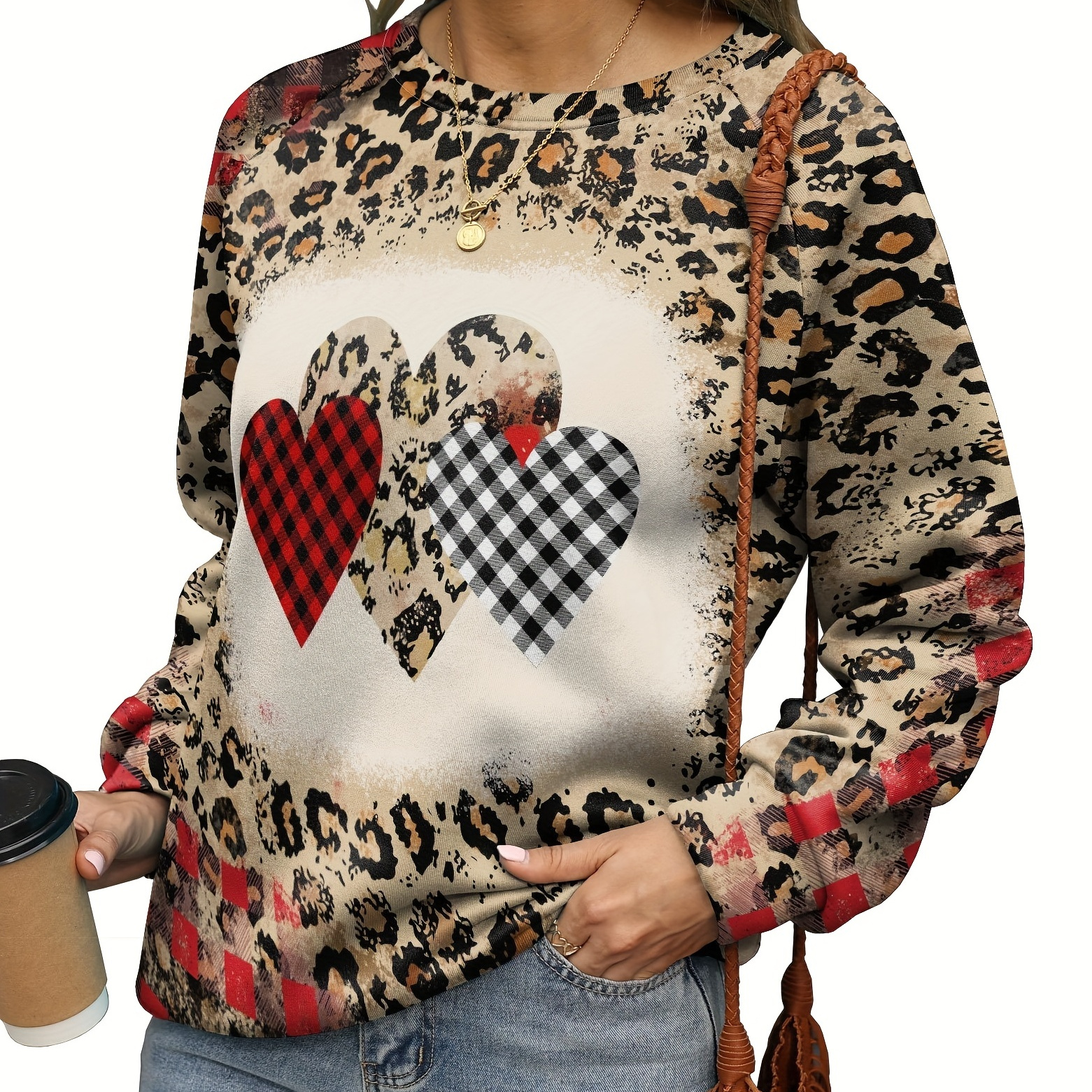 

Heart & Leopard Print Pullover Sweatshirt, Casual Long Sleeve Crew Neck Sweatshirt For Spring & Fall, Women's Clothing