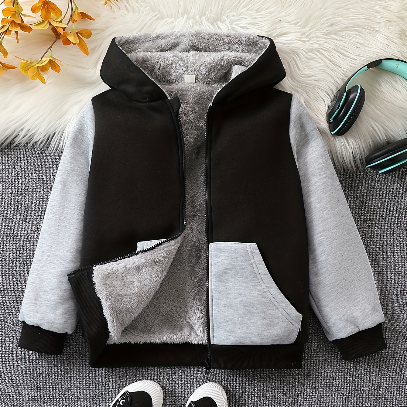 

Boys Stylish Color Block Fleece Lining Hooded Jacket, Long Sleeve Zip Up Jacket, Kids Clothes Outdoor