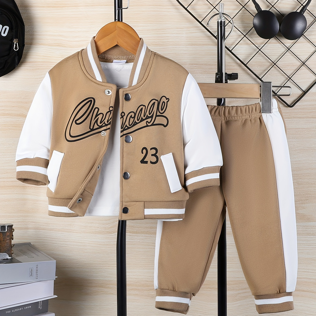 

2pcs Baby's "chicago" Letter Print Color Clash Varsity Jacket & Casual Pants, Toddler & Infant Boy's Clothing Set For Fall Winter