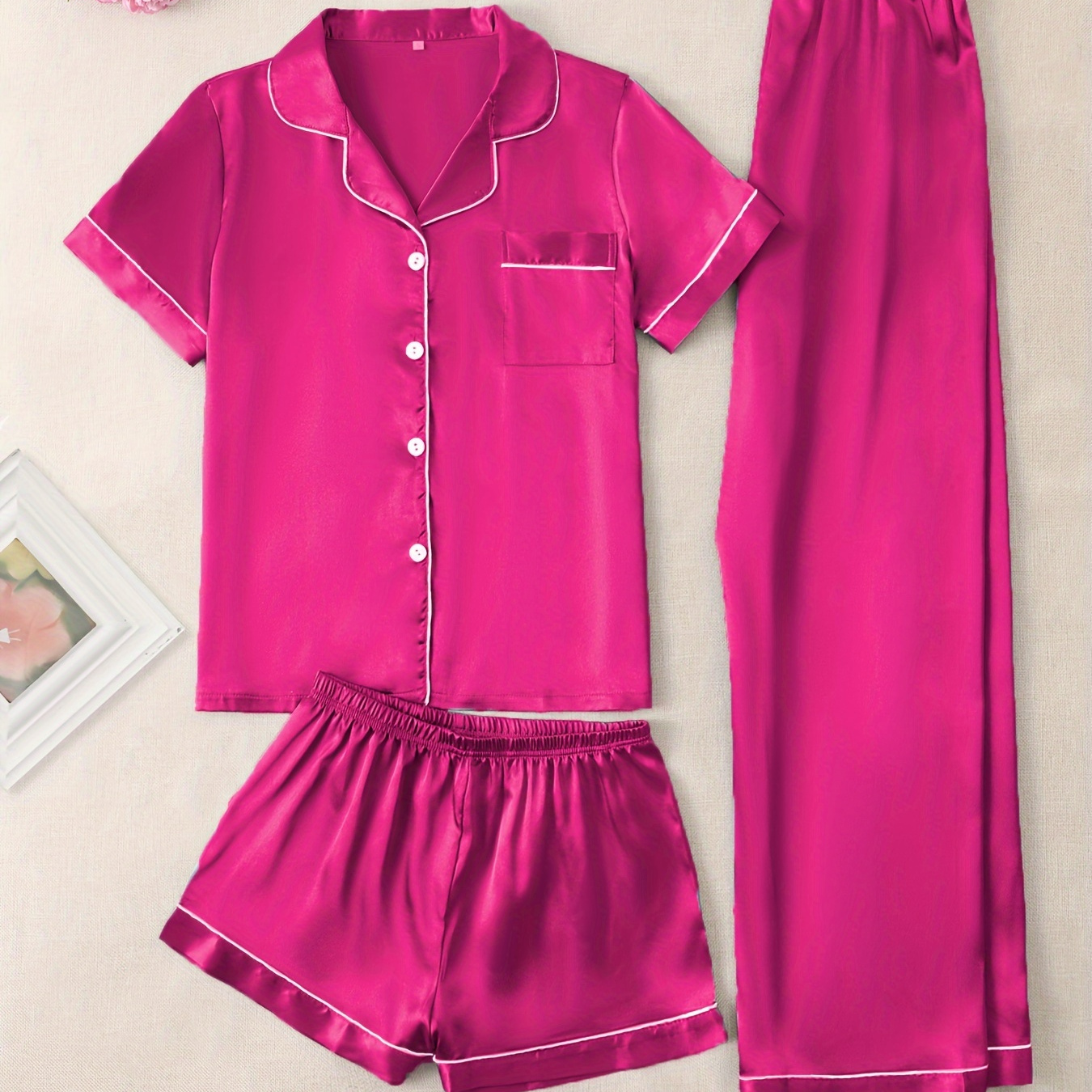 

Elegant Women's Satin Pajama Set In Purple/teal/pink - Short Sleeve Button- With Drawstring, Shorts & Long Pants - Machine Washable